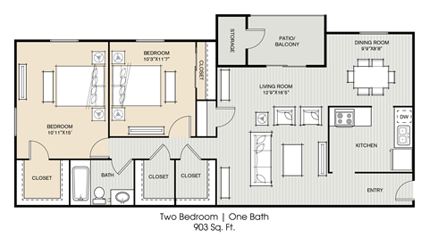 a floor plan of two bedrooms and one bath with a closet and a bathroom